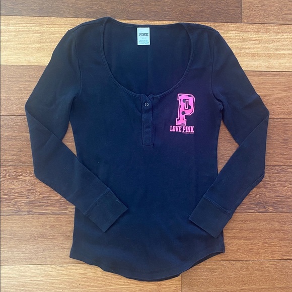 Victoria's Secret Other - Victoria's Secret PINK Black Thermal Sleepwear Long Sleeve Cotton Top S🩷🖤💝
